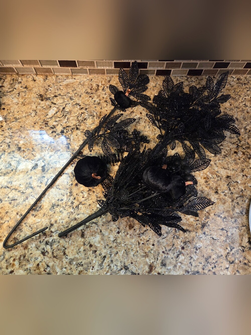 (3) EUC Black Halloween Sparkly Pumpkins and Leaf Decorative Floral Stems